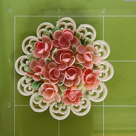 Celluloid Filigree Brooch w Pink Sea Shell Roses c. 1930s over 2" Spring Flowers - Picture 8 of 8